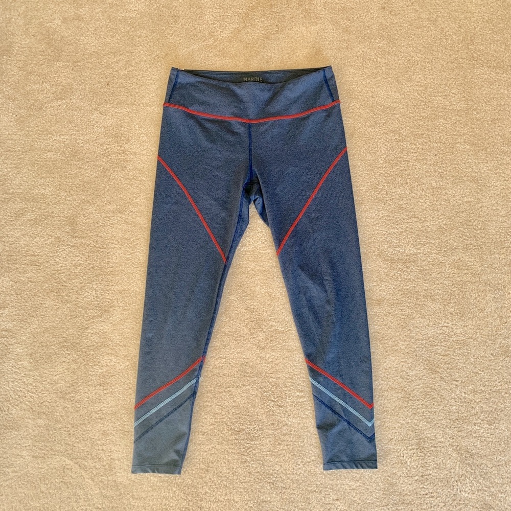Marine Layer navy blue leggings with red and blue stitching